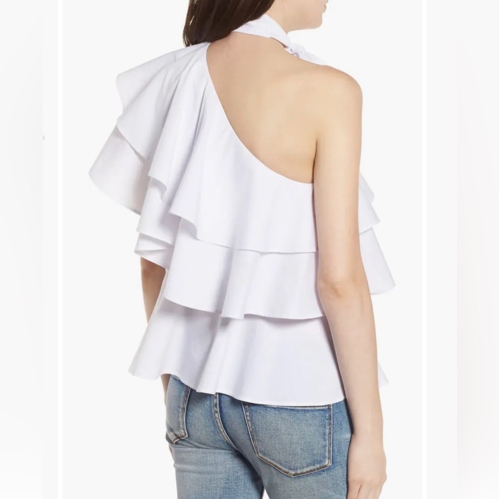 Leith White One-Shoulder Ruffle Tie-Neck Blouse - Picture 2 of 6
